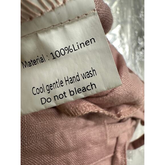 Pink Linen Pull on Ankle Pants Women Medium Raw Hem Drawstring Coastal Vaca Boho - Picture 7 of 7